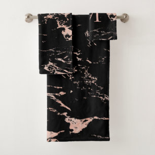 Modern Black Marble Rose Gold Foil Monogram Bath Towel Set