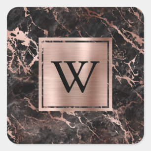 Modern Black Marble Rose Gold Monogram Square Sticker