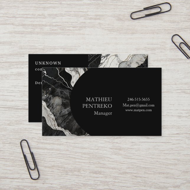 Modern Black Marble & Silver Formal Custom Business Card (Front/Back In Situ)