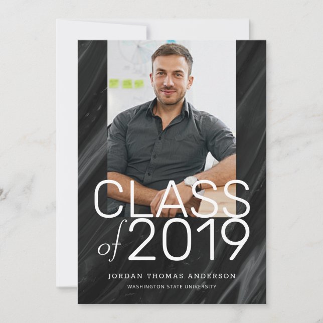 Modern Black Marble Stacked Text Graduation Photo Announcement (Front)