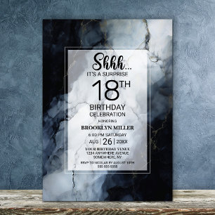 Modern Black Marble Surprise 18th Birthday Party Invitation