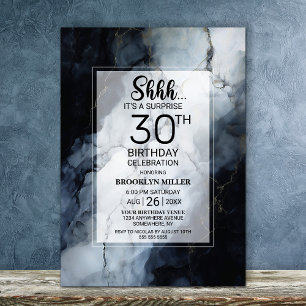 Modern Black Marble Surprise 30th Birthday Party Invitation