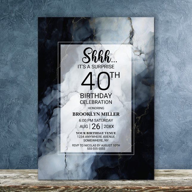 Modern Black Marble Surprise 40th Birthday Party Invitation (Creator Uploaded)