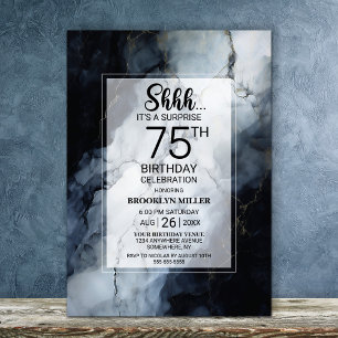 Modern Black Marble Surprise 75th Birthday Party Invitation
