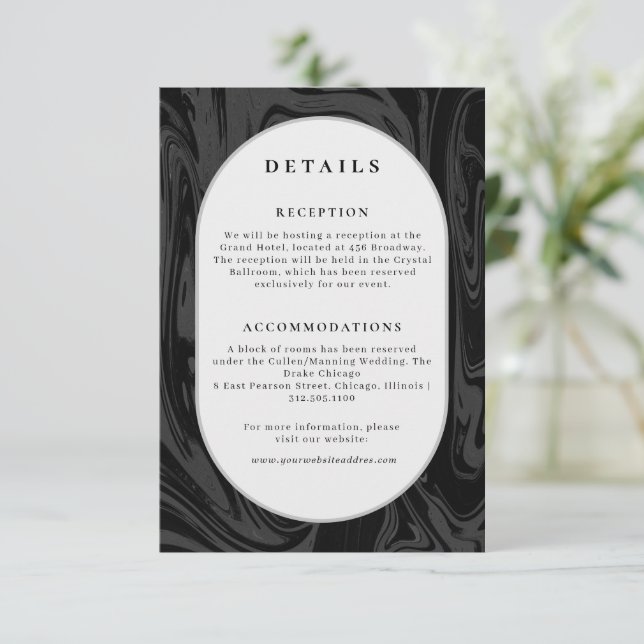 Modern black marble wedding information  enclosure card (Standing Front)