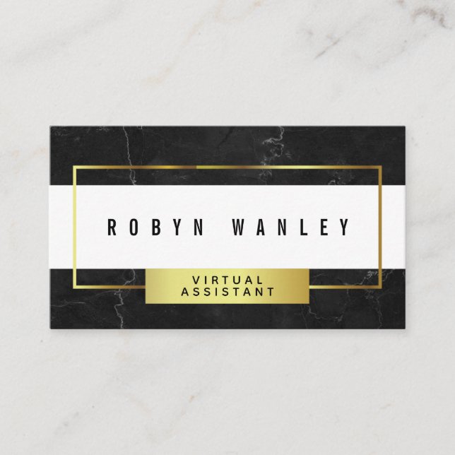 Modern Black Marble With White And Gold Business Card (Front)
