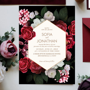 Modern Black Maroon Rustic Floral Fall Wedding  Invitation