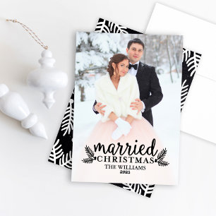 Modern Black Married Christmas Wedding Photo Holiday Card