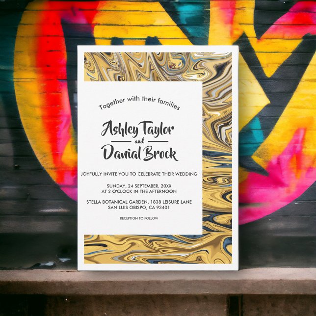 Modern Black Melted Gold Stylish Abstract Wedding Invitation (Creator Uploaded)