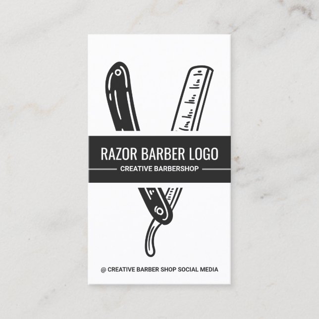 Modern black mens barbershop razor hairdresser business card (Front)