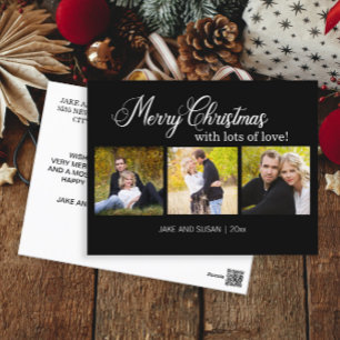 Modern Black Merry Christmas Love Year 3 Photo Holiday Postcard