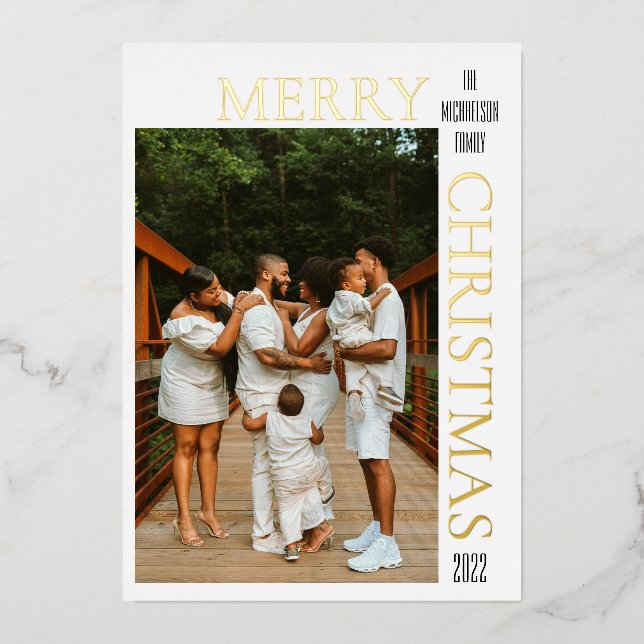 Modern Black Merry Christmas Photo Foil Holiday Card (Front)