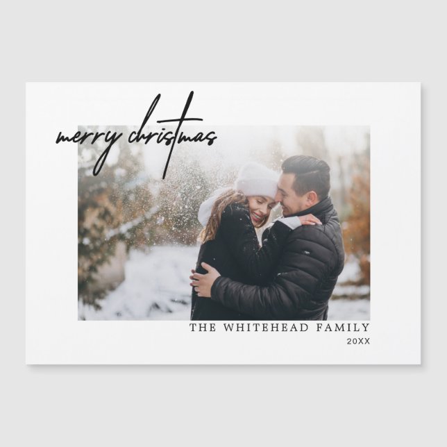 Modern Black Merry Christmas White Magnetic Card (Front)