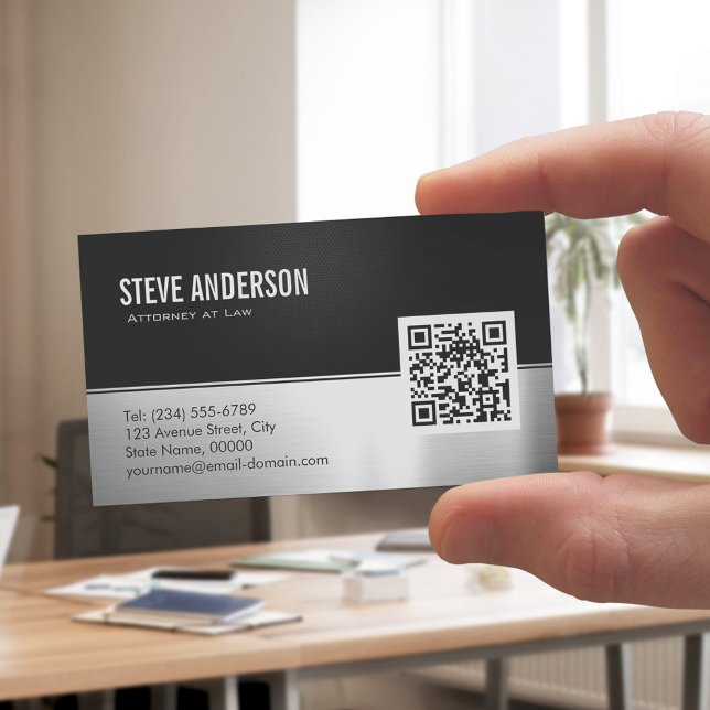 Modern Black Metal Silver Look - QR Code Business Card (Sample)