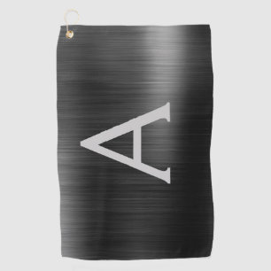 Modern Black Metallic Foil Monogram Name Golf Towel