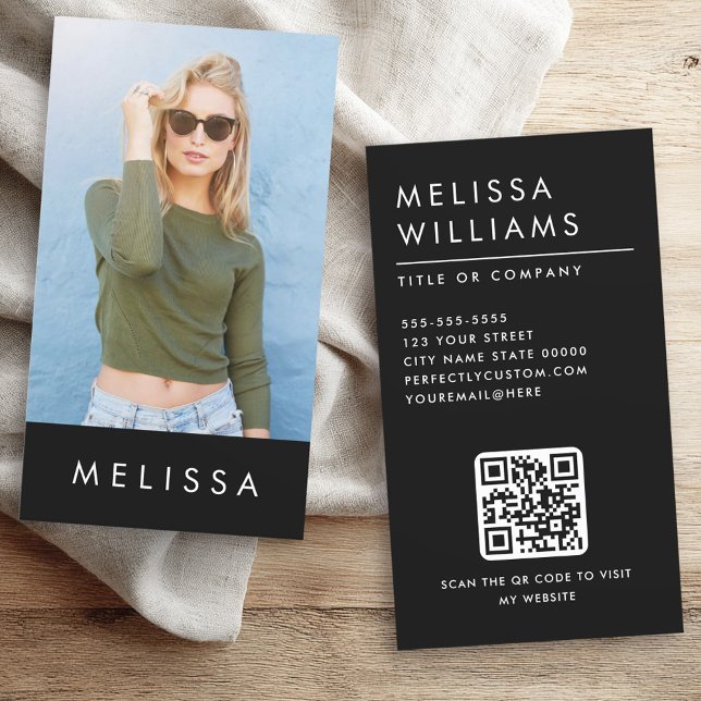 Modern black minimalist custom photo QR code Business Card (Modern black minimalist custom photo QR code Business Card)
