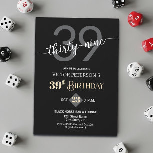 Modern Black Minimalist Men 39th Birthday Party Invitation