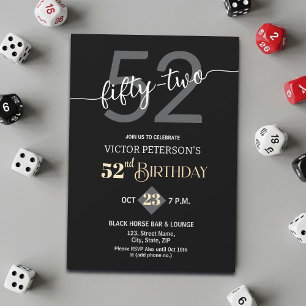 Modern Black Minimalist Men 52nd Birthday Party Invitation