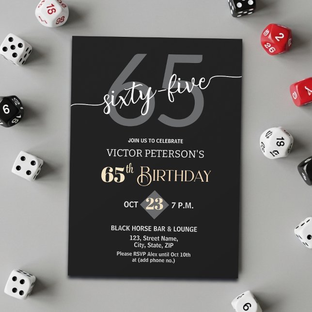 Modern Black Minimalist Men 65th Birthday Party Invitation (Creator Uploaded)