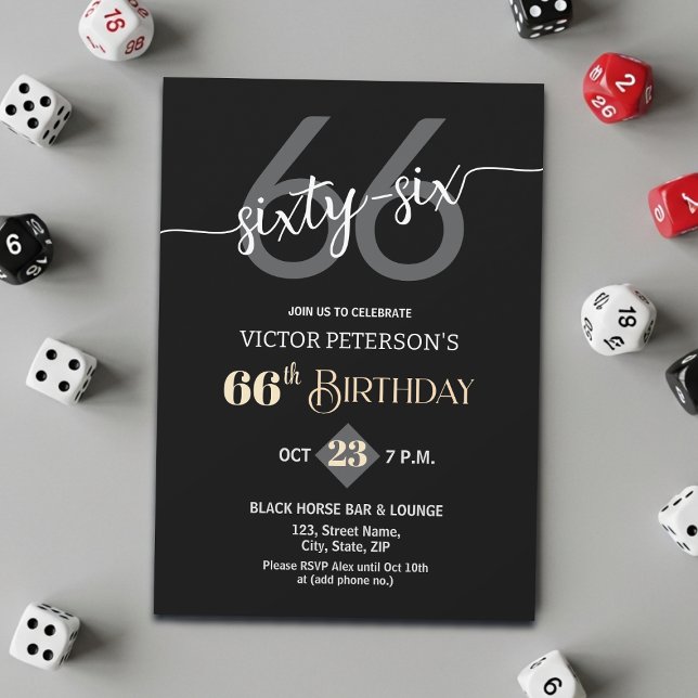 Modern Black Minimalist Men 66th Birthday Party Invitation (Creator Uploaded)