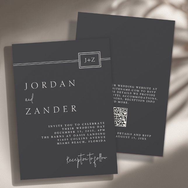 Modern Black Minimalist Monogram Wedding QR Code Invitation (Available in both printed and instant download digital formats.)