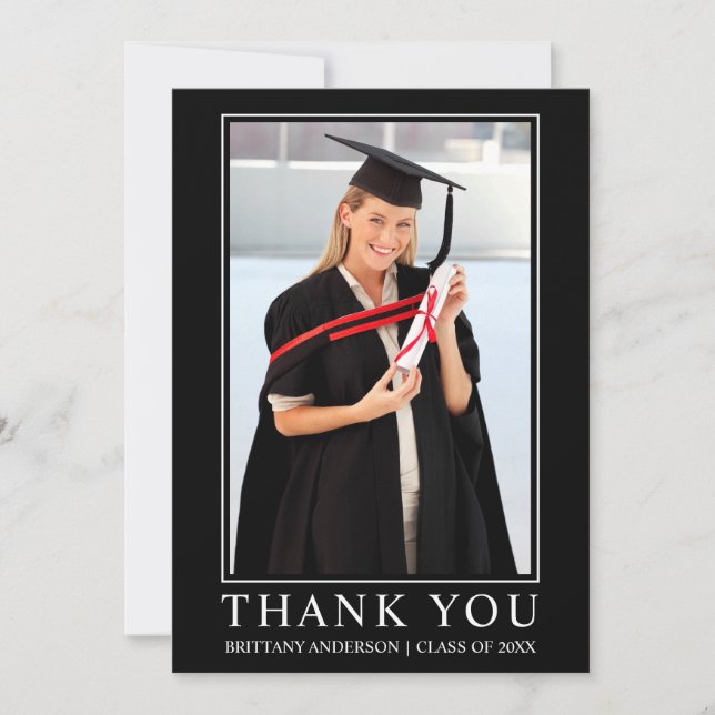 Modern Black Minimalist Photo Graduation Thank You Card (Front)