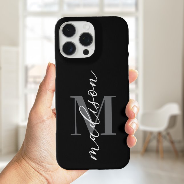 Modern Black Minimalist Script Monogram Case-Mate iPhone Case (Creator Uploaded)