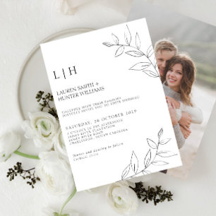 Modern Black Monogram Botanical Photo Wedding Invi Invitation