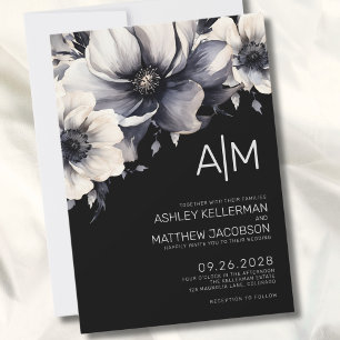 Modern Black Monogram Floral Wedding Invitation