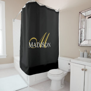 Modern Black Monogram Gold Script Name Shower Curtain