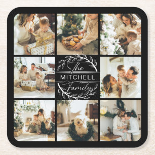 Modern Black Monogram Initial Family Name &  Photo Square Paper Coaster