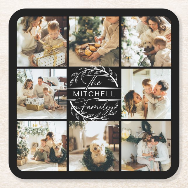 Modern Black Monogram Initial Family Name &  Photo Square Paper Coaster (Front)