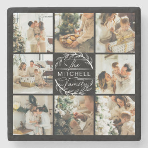 Modern Black Monogram Initial Family Name & Photo Stone Coaster