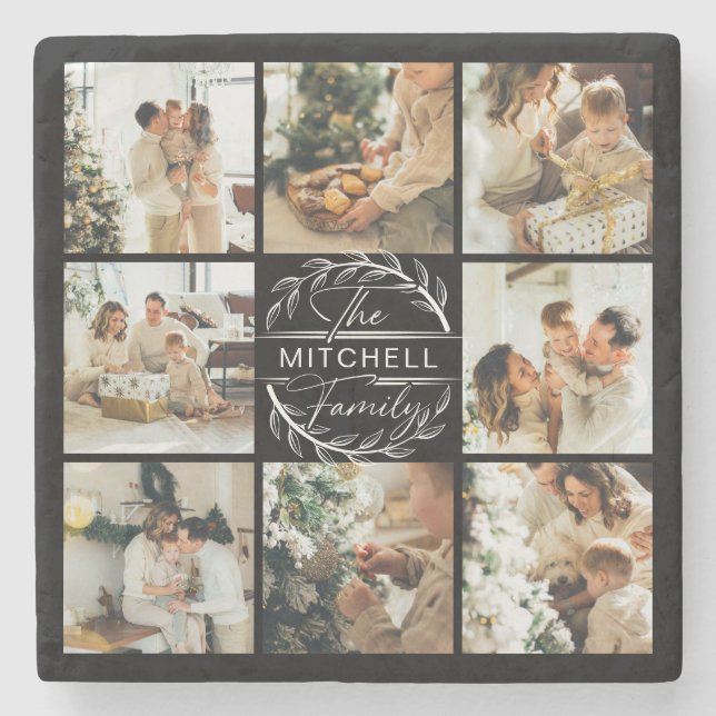 Modern Black Monogram Initial Family Name &  Photo Stone Coaster (Front)