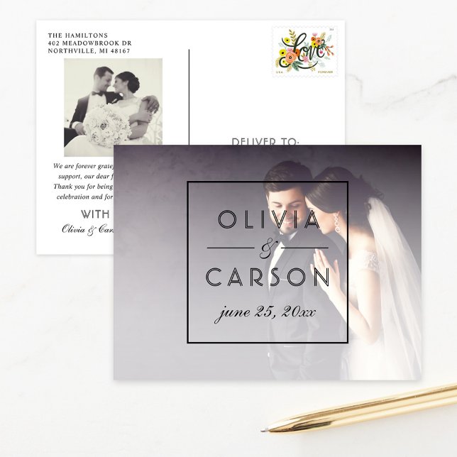 Modern Black Monogram Wedding Photo Thank You Postcard (Creator Uploaded)