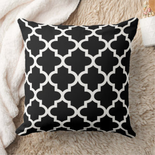 Modern Black Moroccan Quatrefoil Pattern Cushion