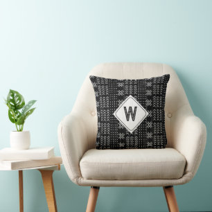 Modern Black Mudcloth African Monogram Cushion