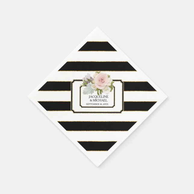 Modern Black n White Striped Rose Bridal Shower Napkin (Corner)