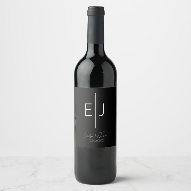 Modern Black Name Initials Monogram Wine Label (Front)