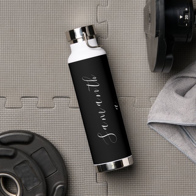 Modern Black Name Script Elegant Water Bottle (Gym (Rotated))