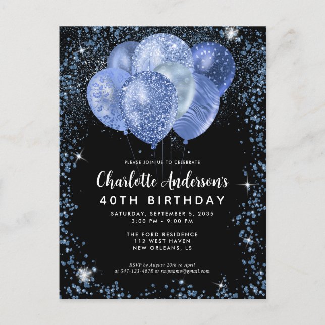 Modern Black Navy Blue Glitter Balloon Birthday Postcard (Front)