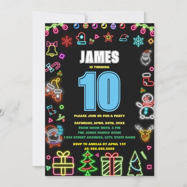 Modern Black Neon Glow Christmas Birthday Party Invitation (Front)