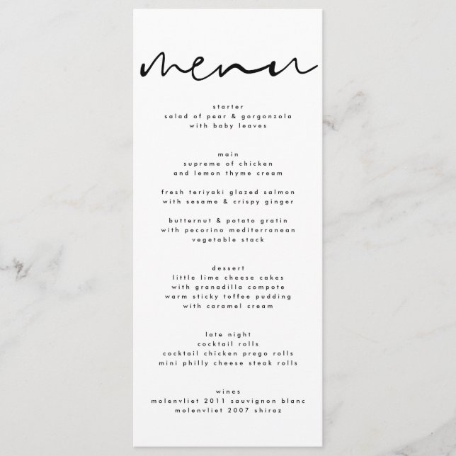 Modern Black Neutral White Wedding Menu (Front)