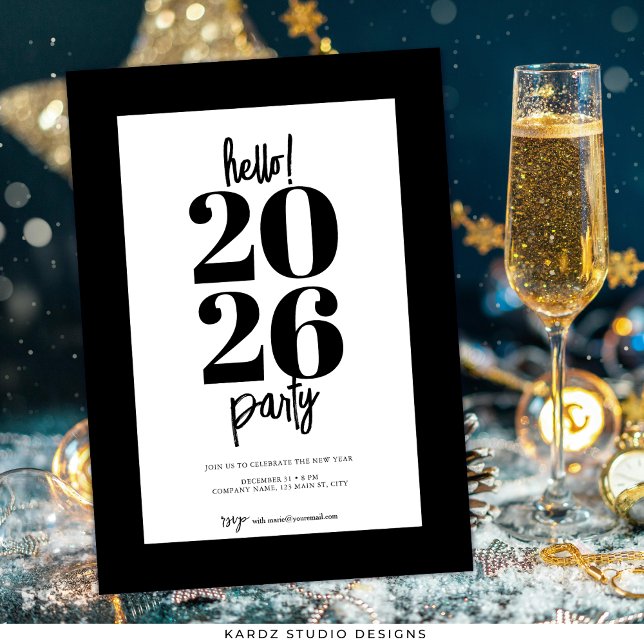 Modern Black New Years Party Invitation (Invite shown in 5 x 7 inches, choose size, paper, and corner style.)