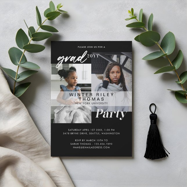 Modern Black Now & Then Two Photo Graduation Party Invitation (Modern Black Now & Then Two Photo Graduation Party Invitation)