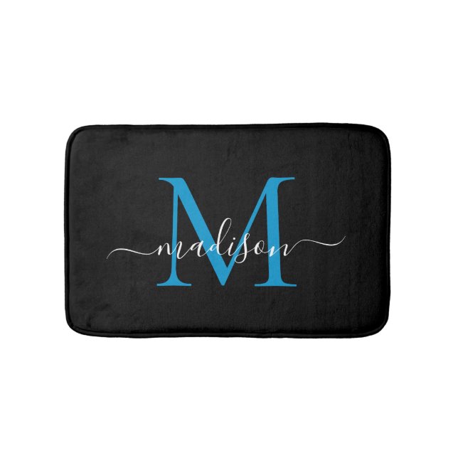 Modern Black Ocean Blue Monogram Script Elegant Bath Mat (Front)