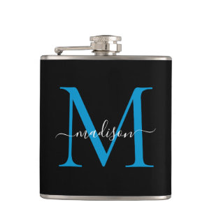 Modern Black Ocean Blue Monogram Script Name Hip Flask