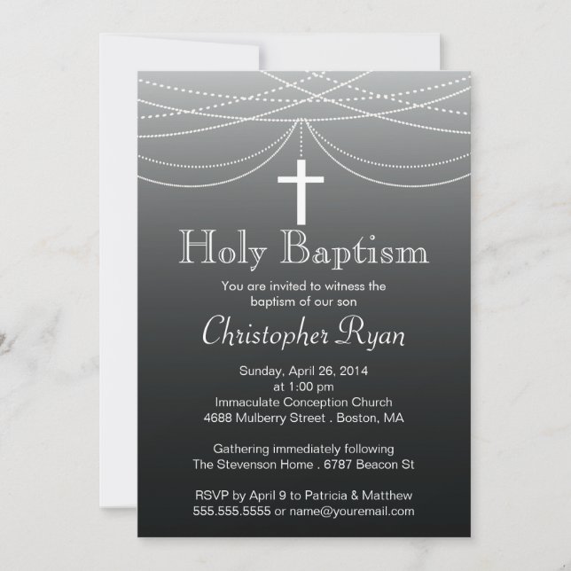 Modern Black Ombre Garland Cross Holy Baptism Invitation (Front)