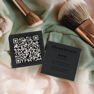 Modern Black on Black Bold QR Code Hair & Makeup Square Business Card