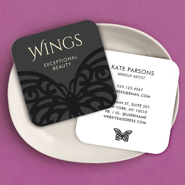 Modern Black on Black Butterfly Square Business Card (Creator Uploaded)